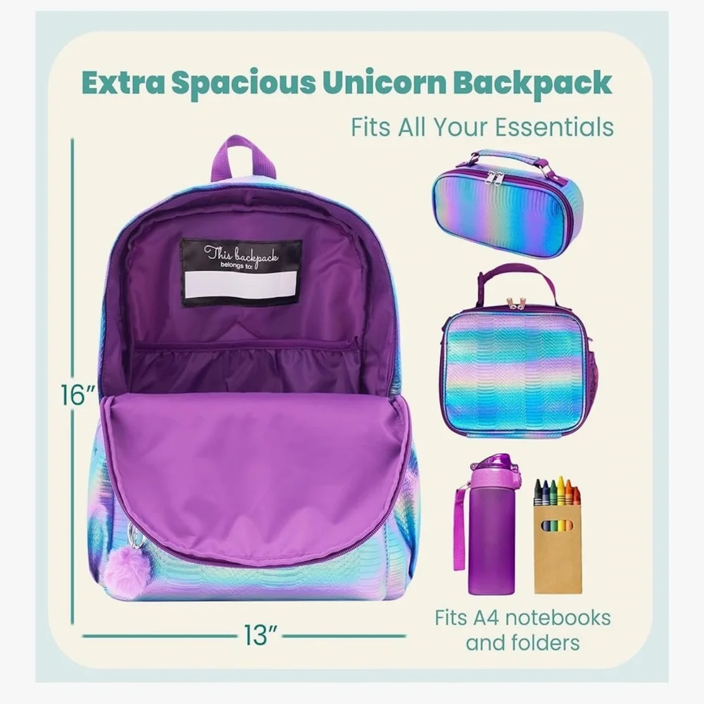 Kids Mermaid Backpack with Pom-Pom Charm and Lunch Bag